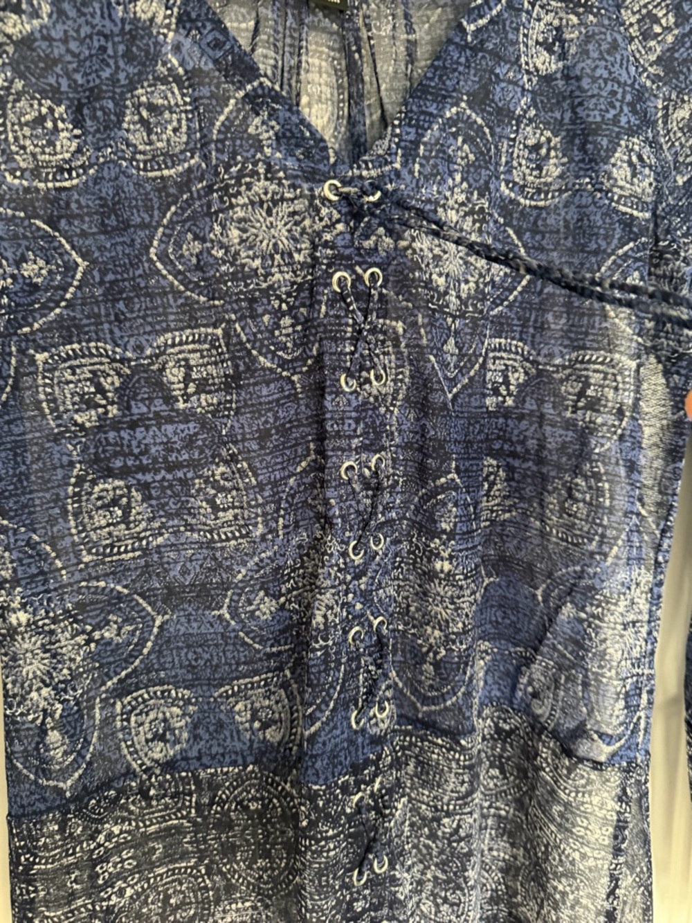 INC International Concepts Blue Printed Sheer Lace-Up Blouse Business Casual - Picture 4 of 6